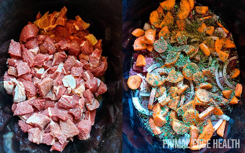 One pot containing raw meat and the other containing other garnishes.