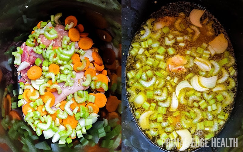 One pot containing raw vegetables and the other containing broth and vegetables.