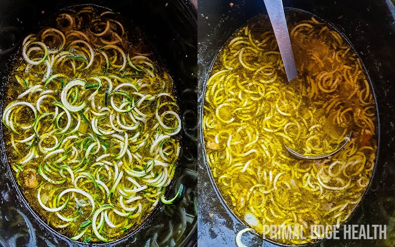 Keto chicken soup slow cooker made with zucchini noodles in a crock pot.