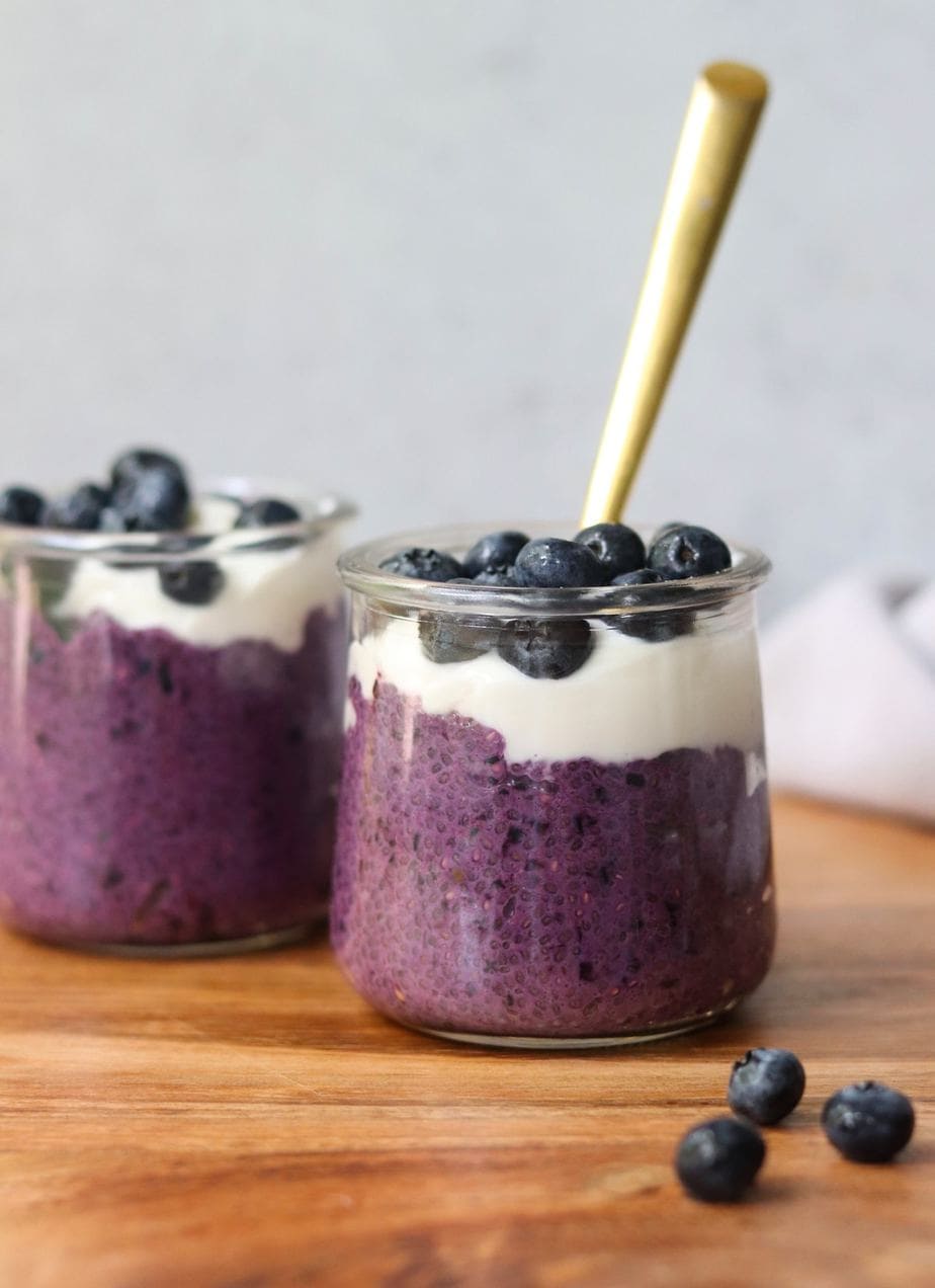 Two glasses of blueberry chia pudding.