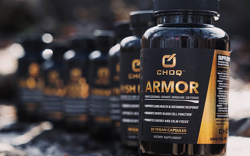 Bottles of Choq Armor supplement lined up.