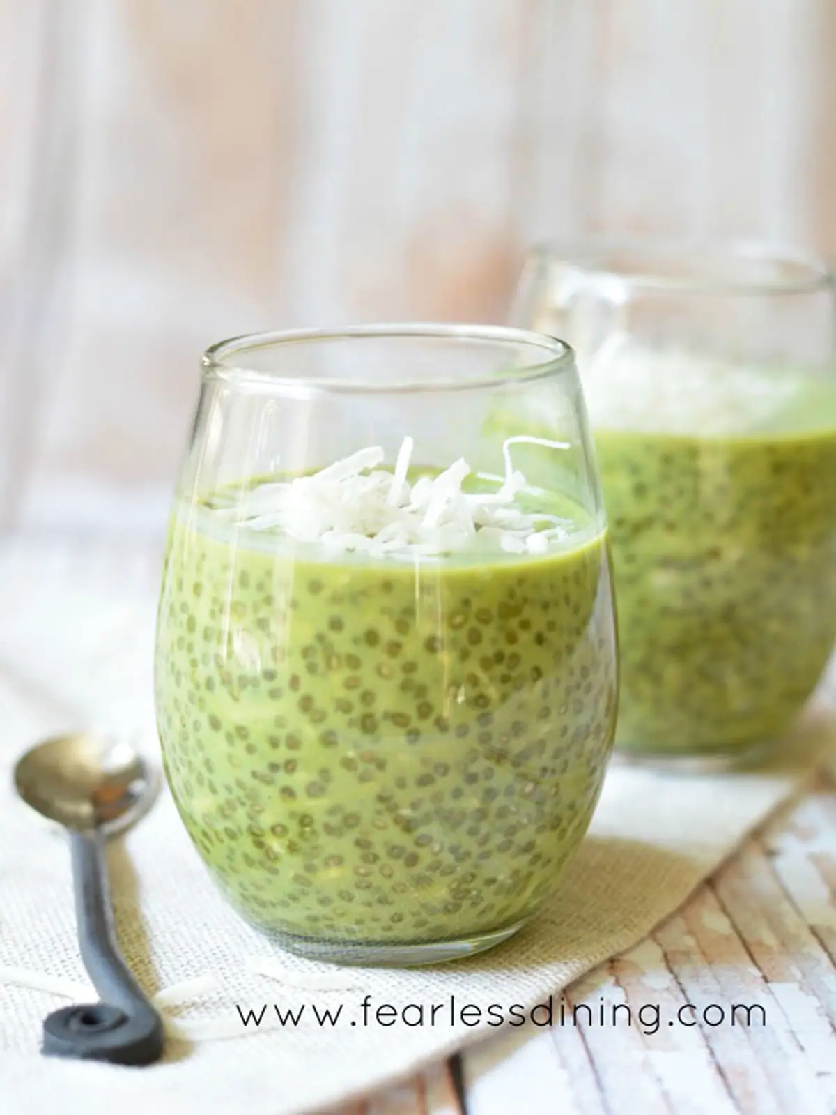 Two glasses of matcha chia pudding.