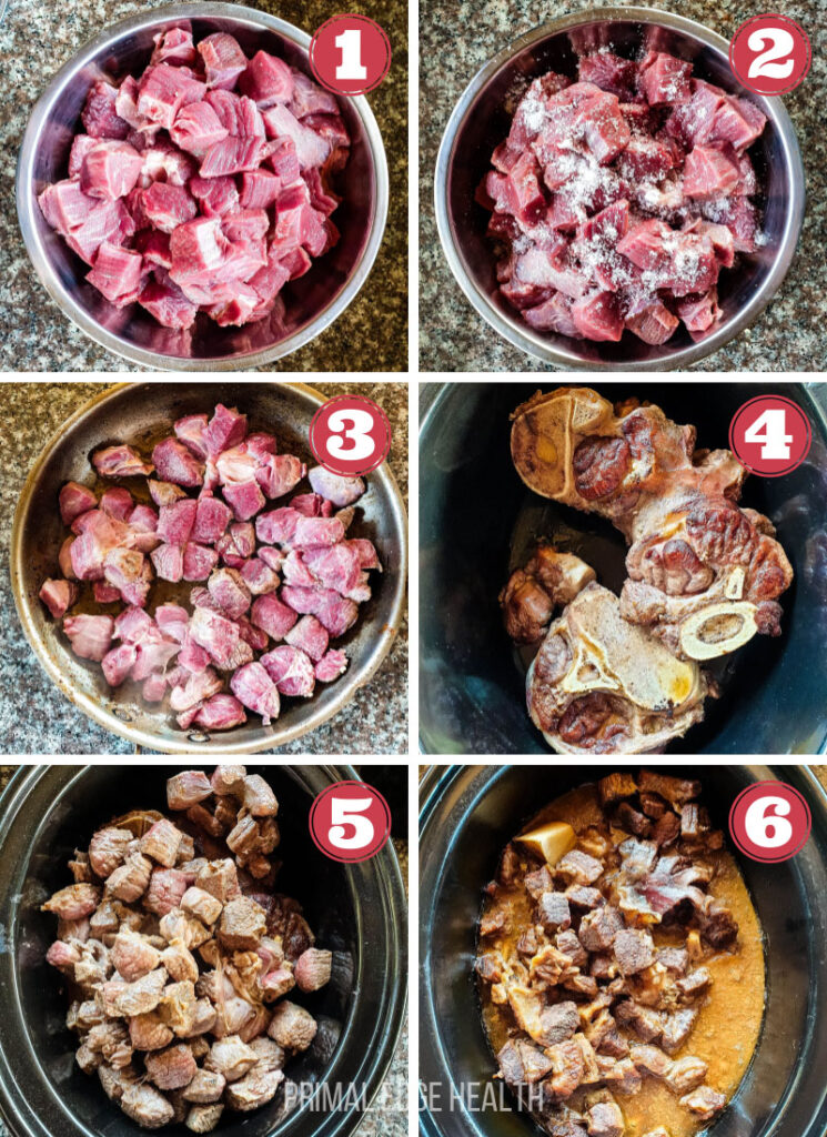 Images of 6 step process of carnivore beef stew.