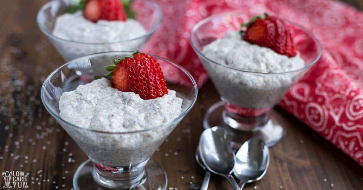 3 glasses of chia seed pudding garnished with strawberries.