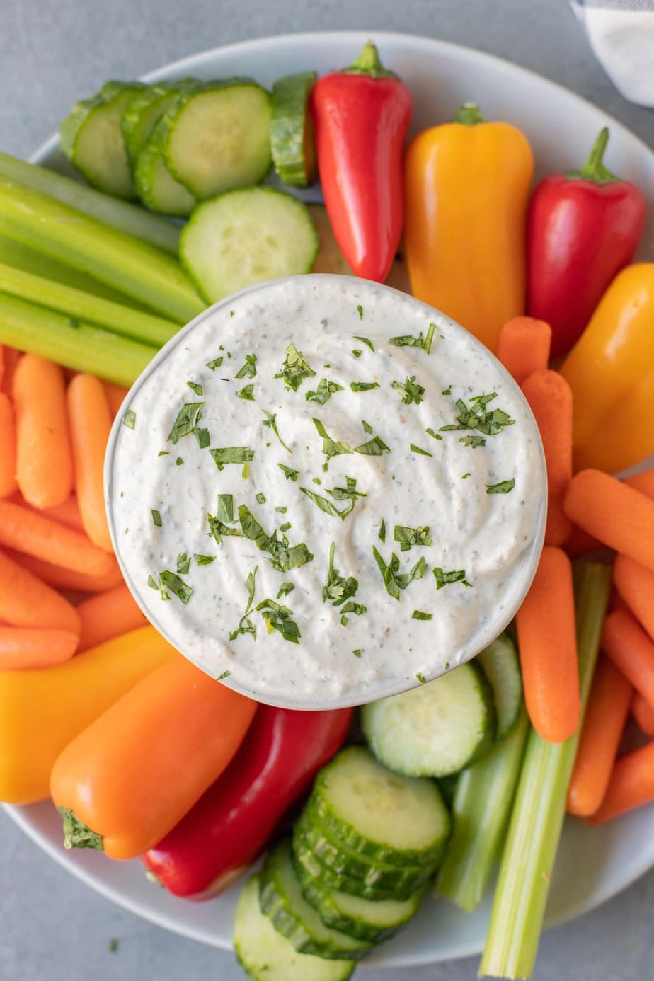 A variety of vegetables on a white place served with white garnished dip.