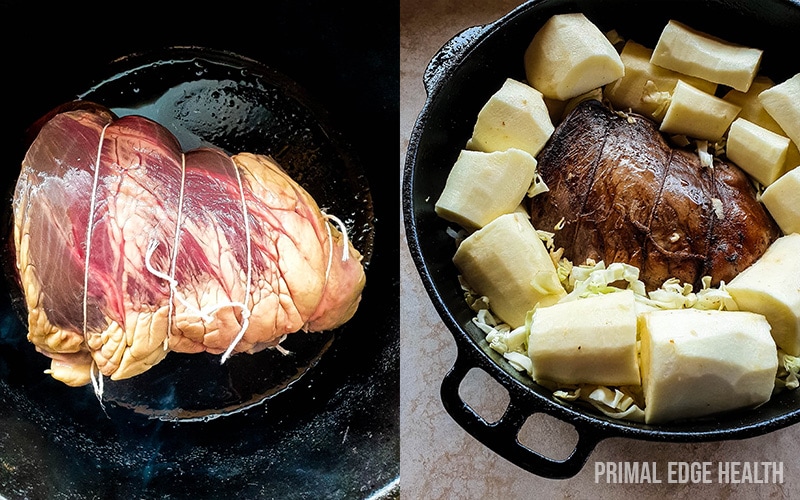 2 images of different cooking steps of braised beef heart.