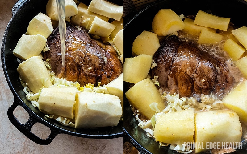 2 images of braised beef heart in a black pot.
