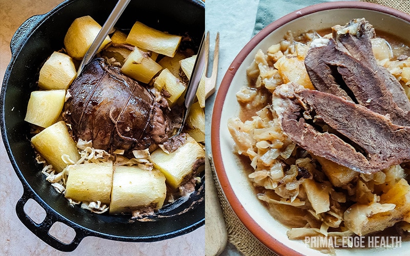 2 images for a step by step of braised beef heart.