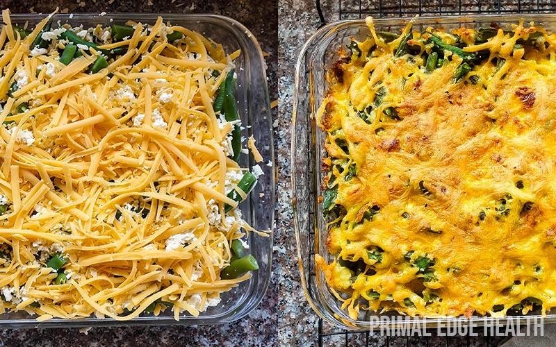 2 processes of green bean hamburger casserole, one uncooked and the other cooked.
