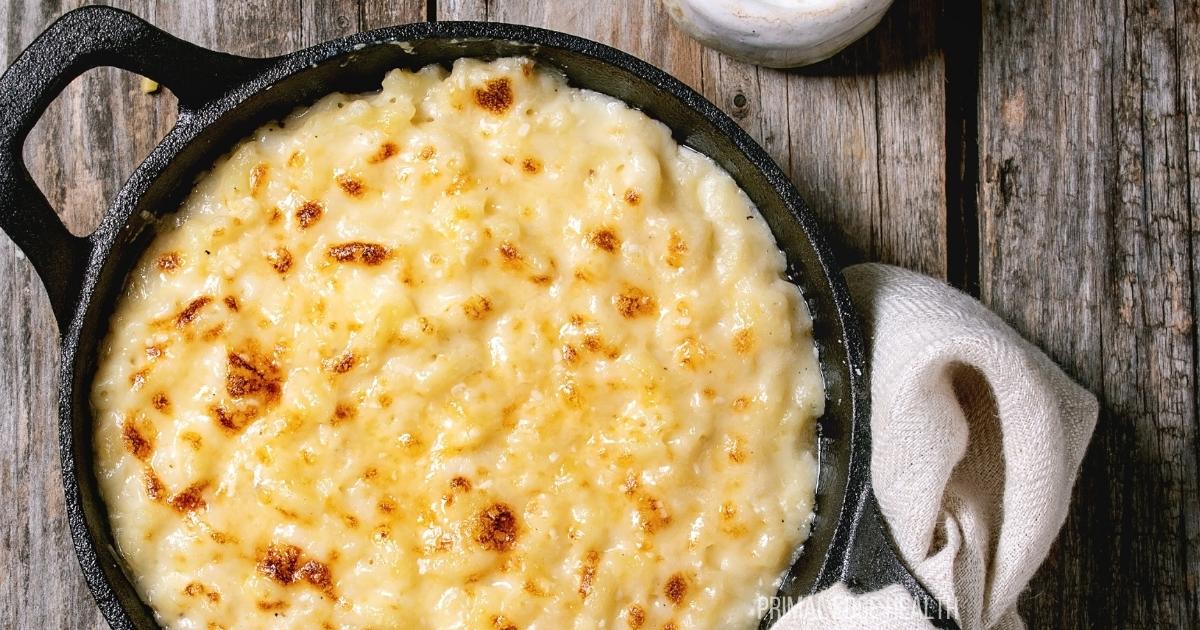 Baked Mac and cheese in a black pot.