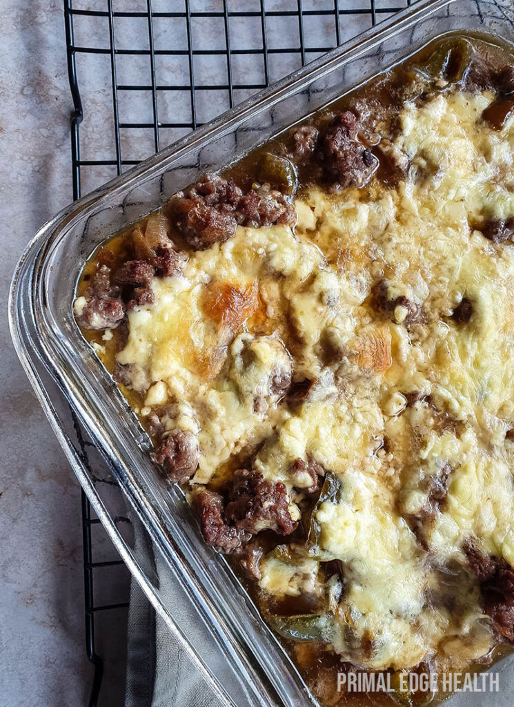 A full dish of philly cheesesteak casserole .