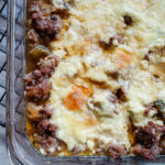 Philly cheesesteak keto casserole in a glass dish.