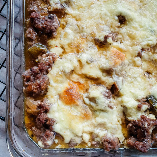 Philly cheesesteak keto casserole in a glass dish.