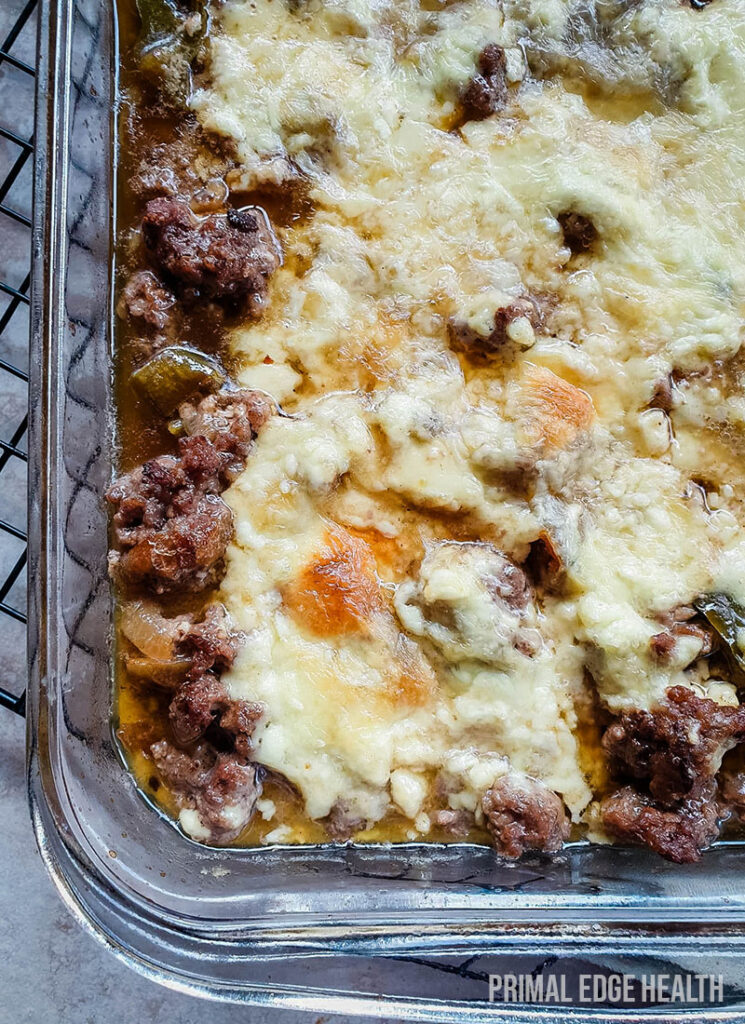 Philly cheesesteak keto casserole in a glass dish.