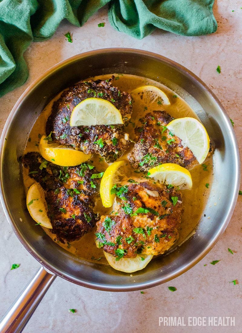 Keto chicken francese in a pan.