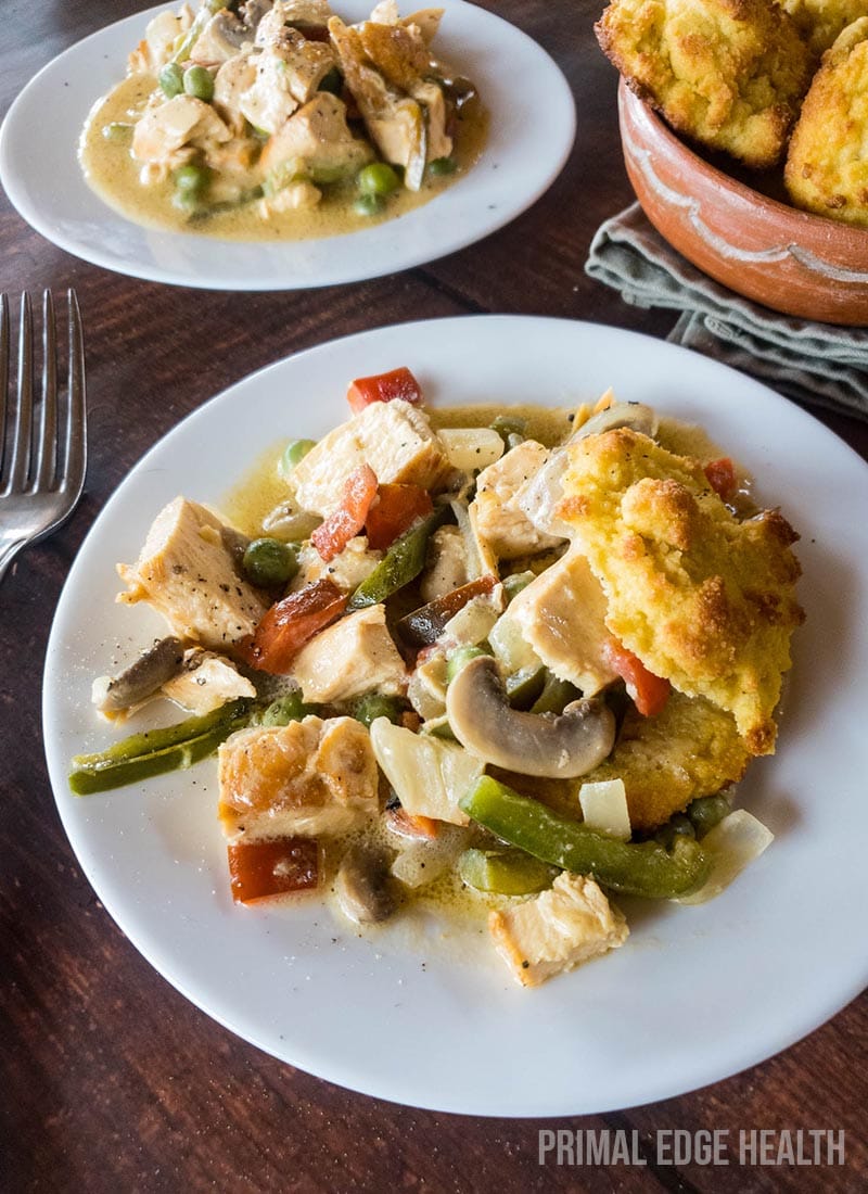 A plate of keto chicken ala king on white plate with fork.