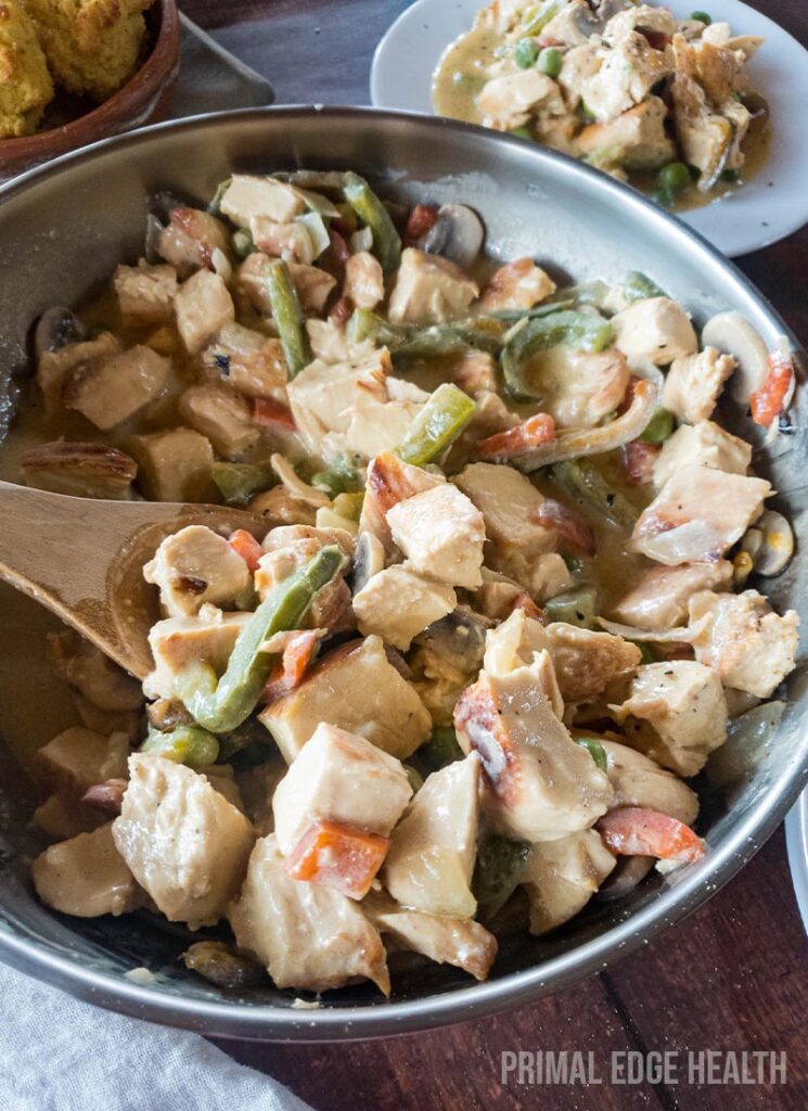 Chicken ala king in a skillet with a wooden spoon.