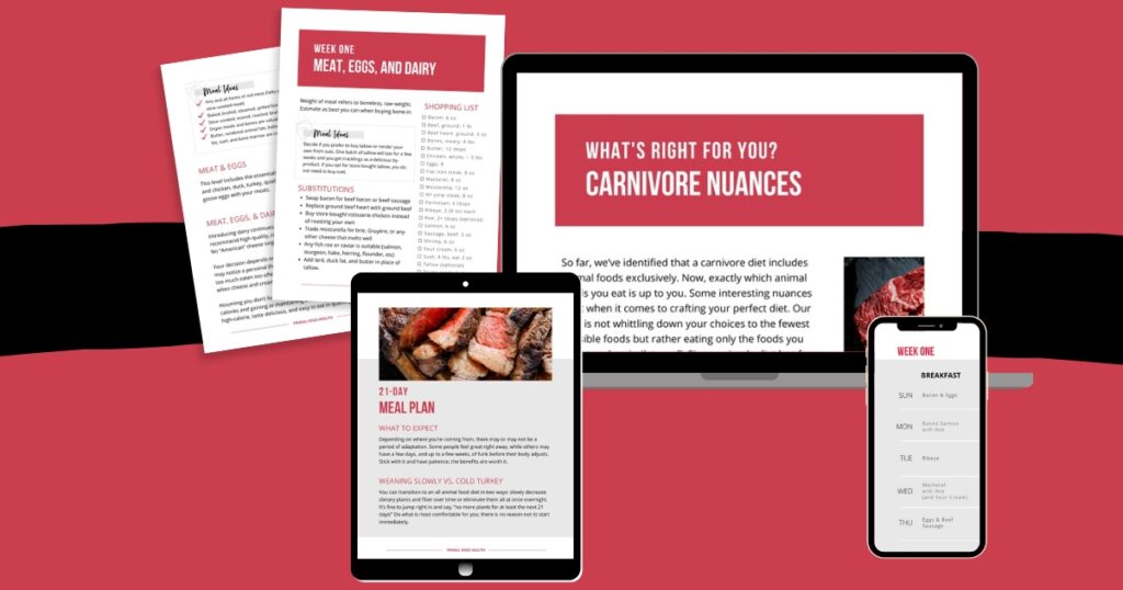 Printable carnivore meal plan with red background.
