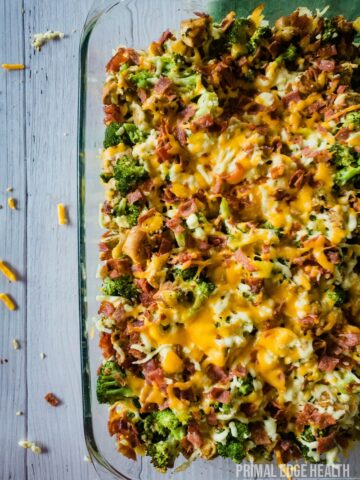 Chicken bacon ranch casserole in a glass baking dish.