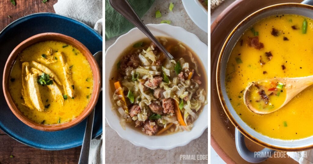 Three varieties of creamy soup with chunks in bowls.
