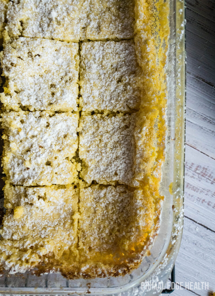 A pan keto cornbread, cut into squares.