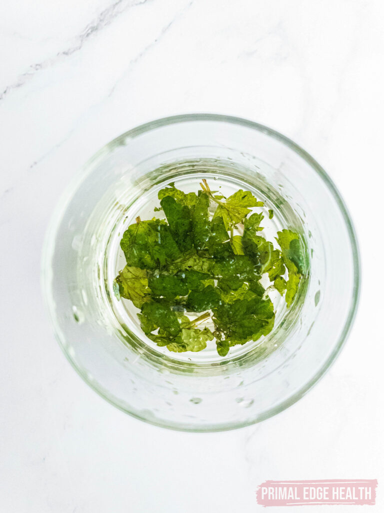 view from above of muddled mint in glass awaiting keto julep recipe