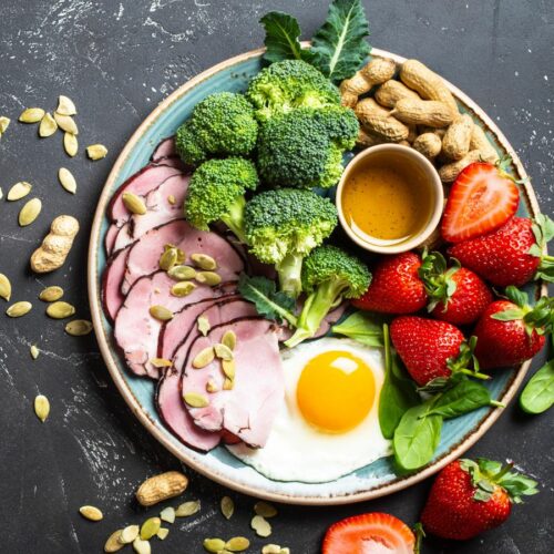 A plate full of easy keto diet foods and substitutions.