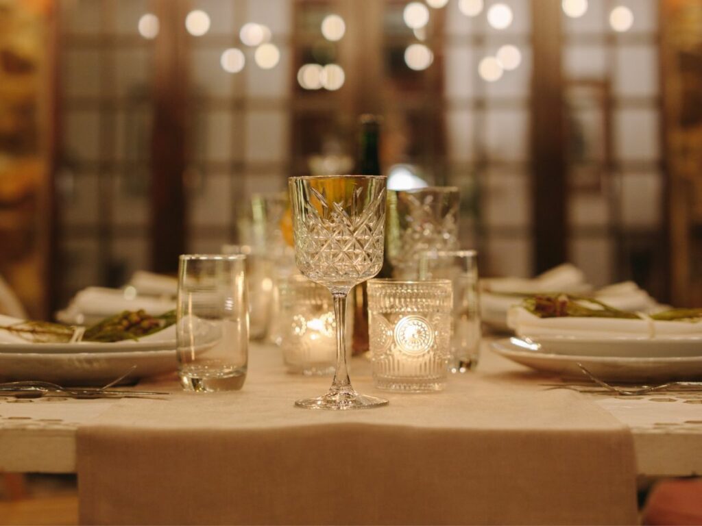 fancy table setting with a crystal wine glass
