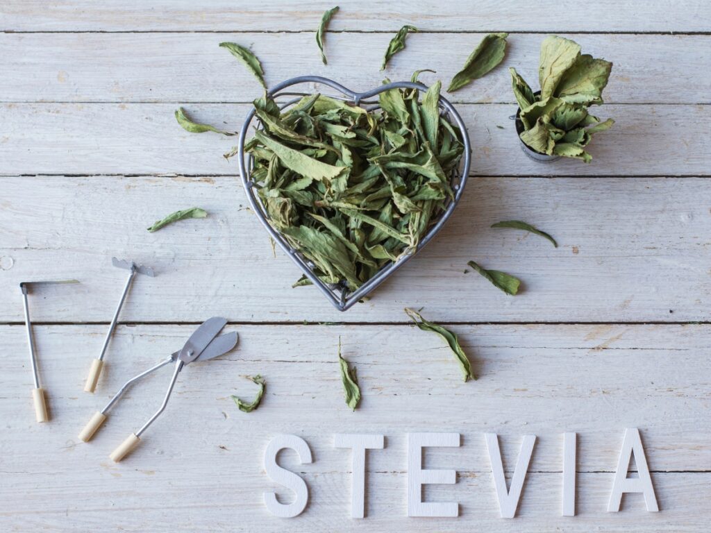 dried stevia leave on with letter blocks