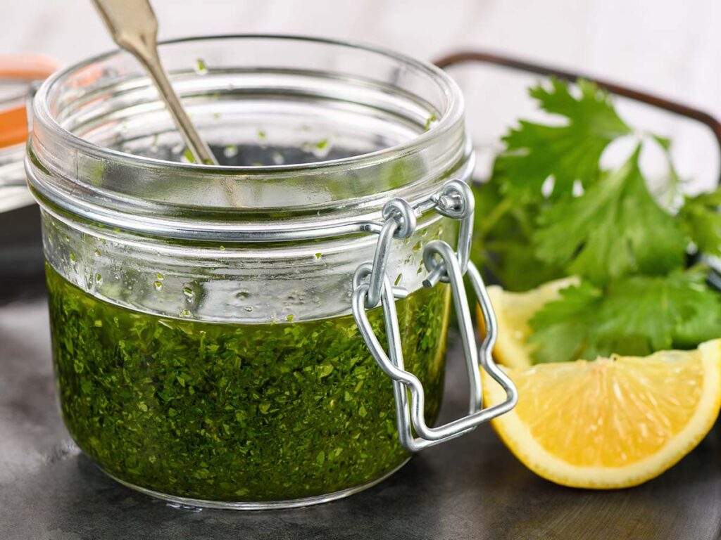 Cilantro and lemon mixture in a jar.