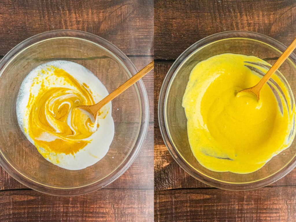 Mixture of yellow sauce in a glass bowl.