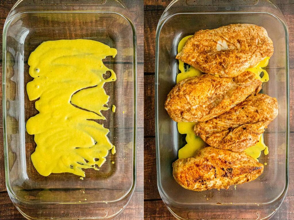 Alice Springs chicken breasts placed over a bed of sauce in a glass baking dish.