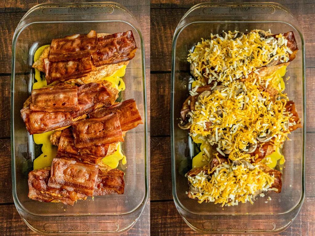 Arranging bacon and cheese over chicken breast in glass baking dishes.