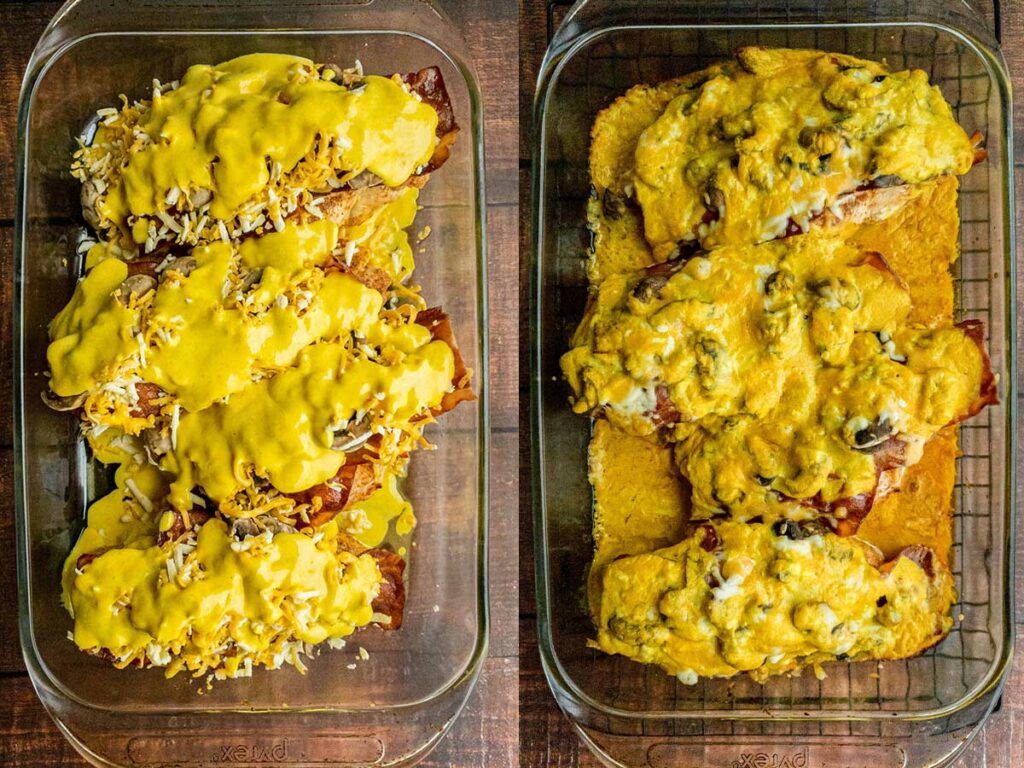 Two glass baking dishes containing Alice Springs chicken.