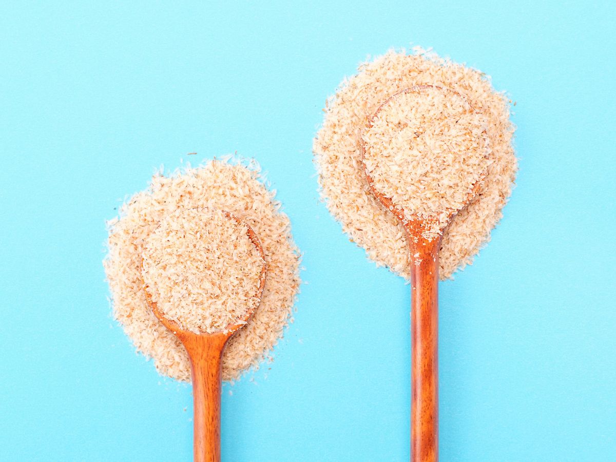 Psyllium husk powder in two wooden spoons.