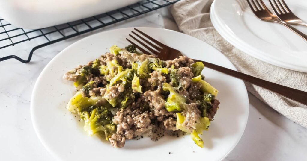 A cheesy casserole made with ground beef and broccoli.