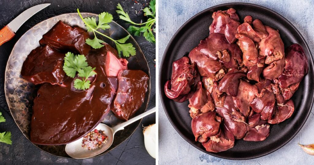 Two pictures of liver meat on a plate.