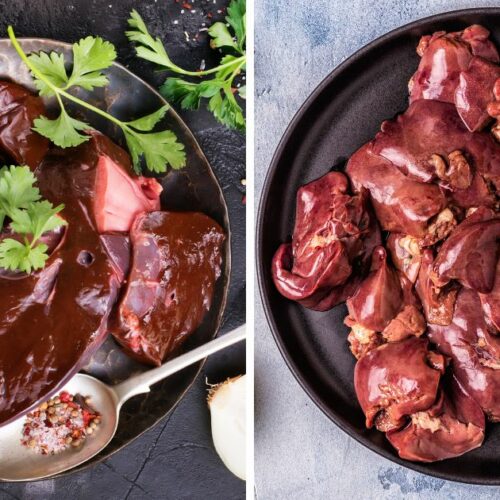 Two pictures of liver meat on a plate.