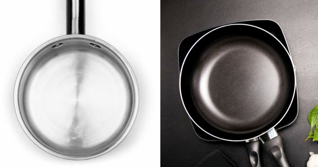 A stainless steel frying pan and saute pan, side by side.