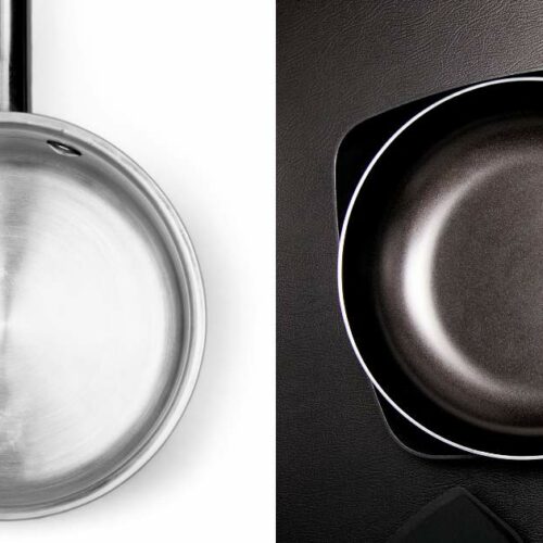 A stainless steel frying pan and saute pan, side by side.