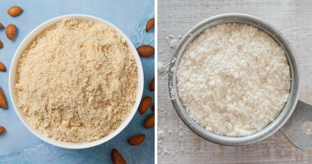 Two images of almond flour in a bowl and coconut flour in a bowl.