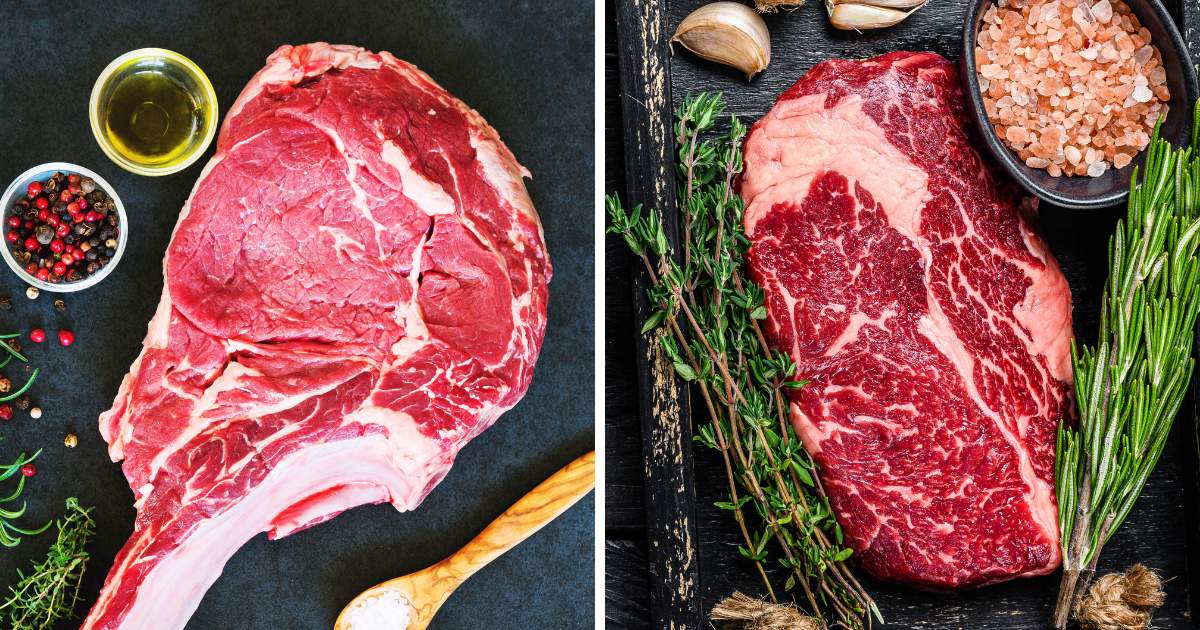 Two pictures of a rib steak with herbs and spices.