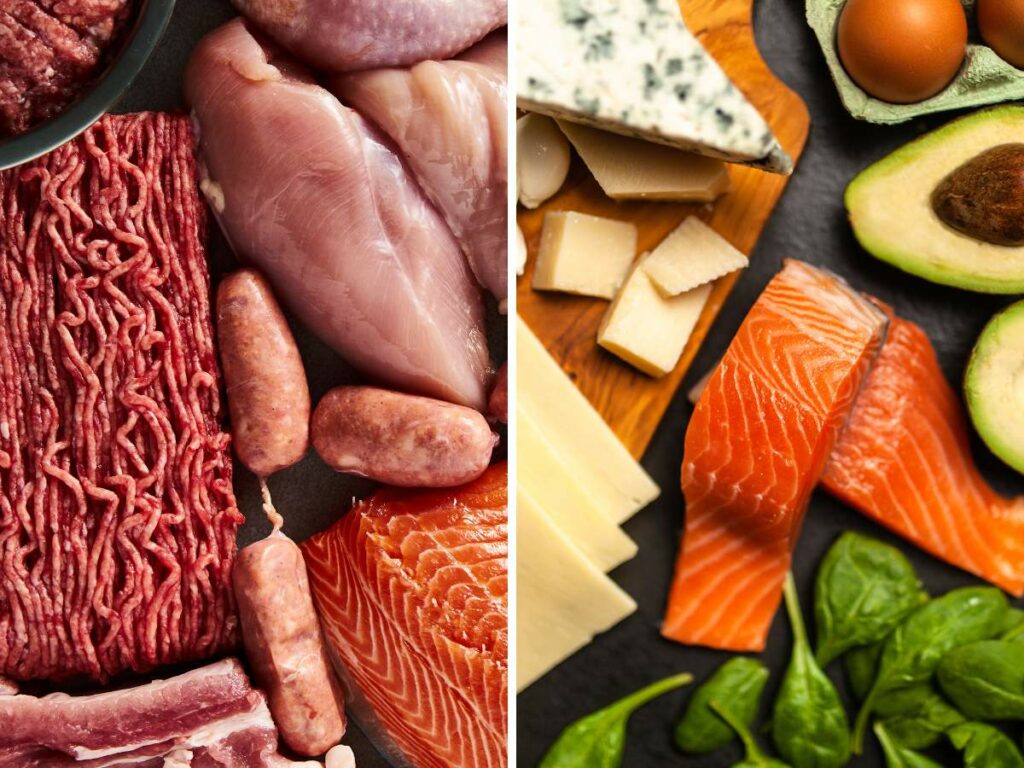 A variety of keto foods, meats, eggs, and vegetables are shown on a split screen.