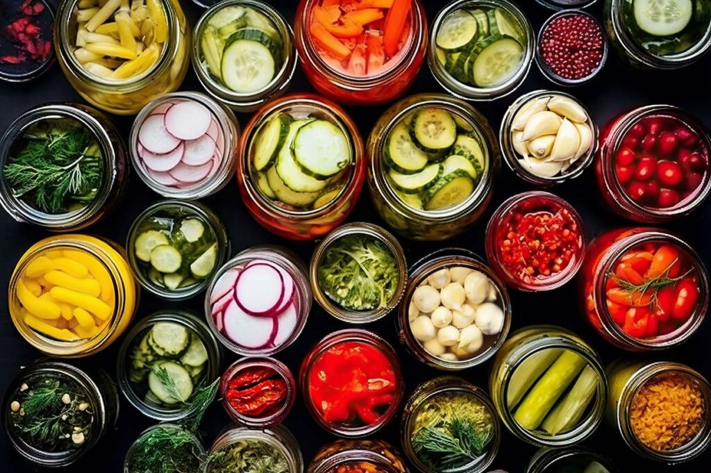 Many jars of pickled vegetables on a black background.