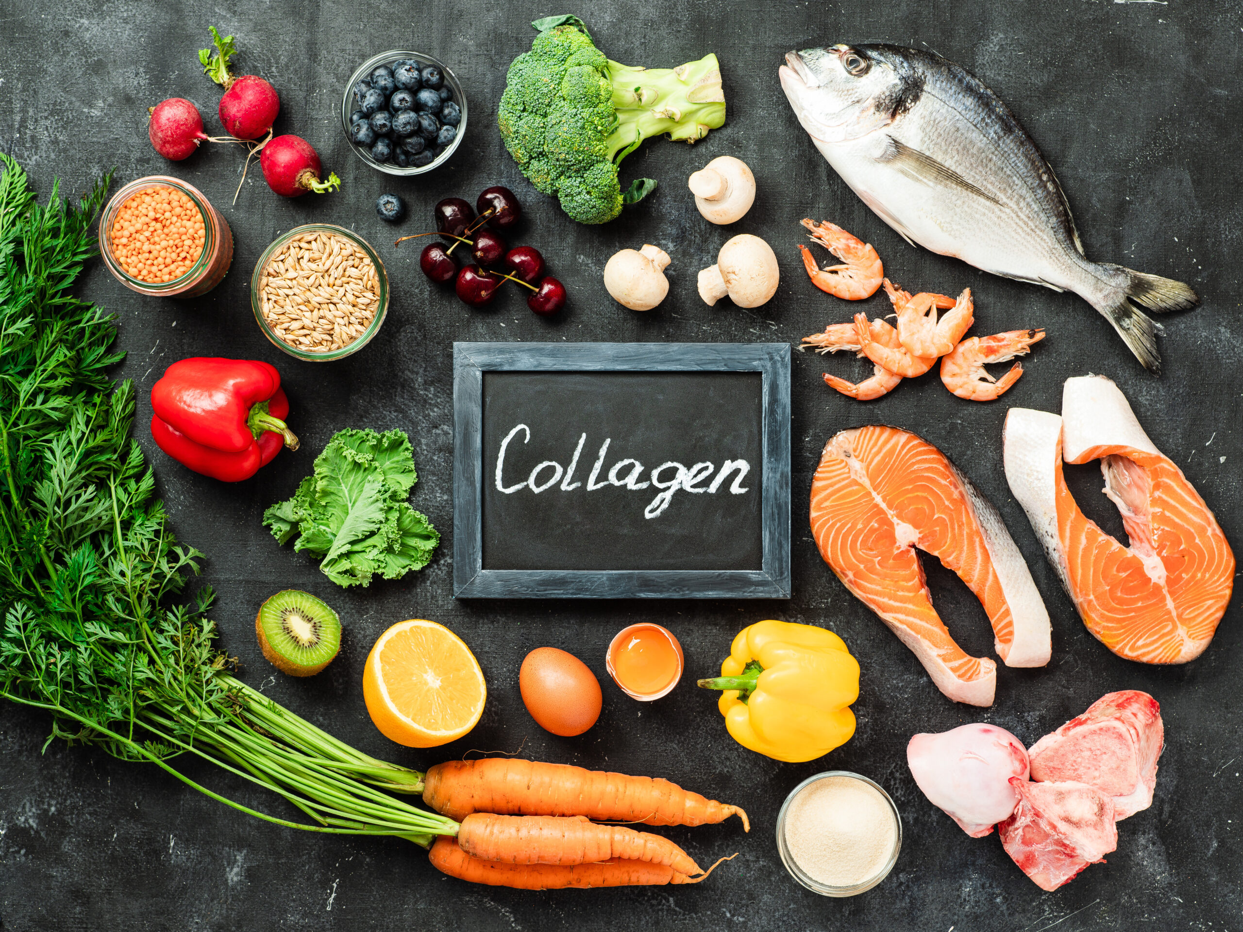 The word "collagen" surrounded by food types.