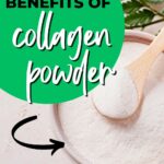 Highlighting the top 5 benefits of collagen powder, complete with a spoon and bowl.