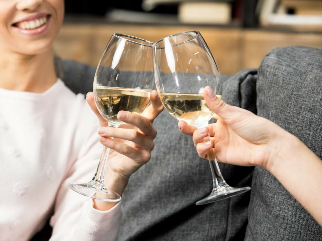 Two women toasting with wine glasses on a couch.
