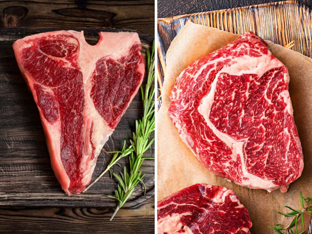 Two pictures of steaks on a cutting board.