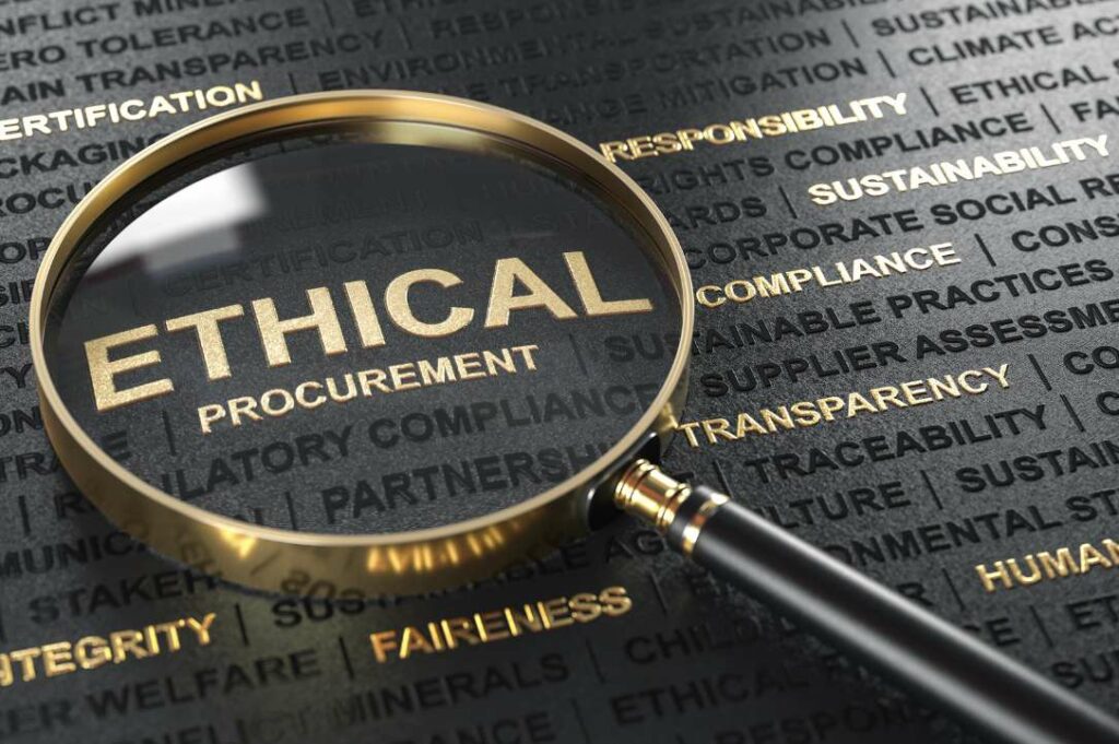 A magnifying glass focusing on the word "ethical" amidst other related terms on a conceptual business background.
