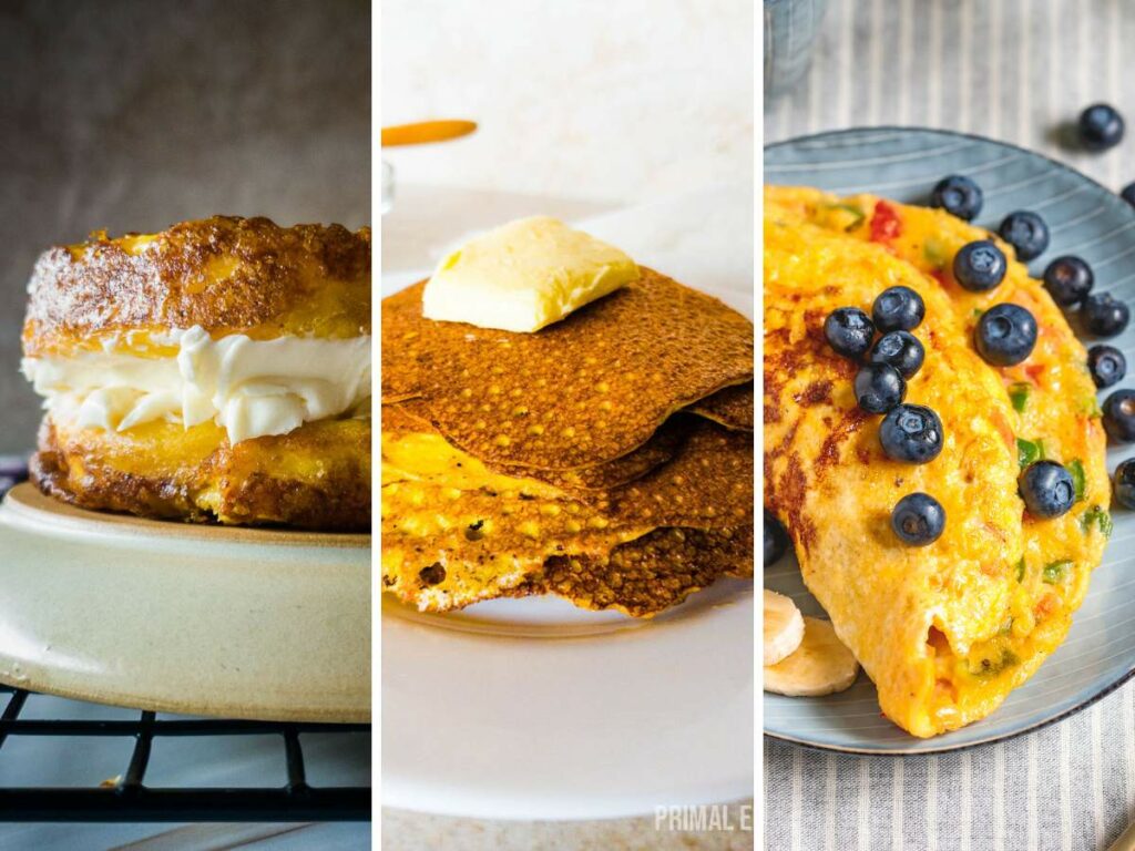 Three separate images of breakfast items: a grilled cheese sandwich, a stack of pancakes with butter, and an omelette garnished with blueberries and herbs.